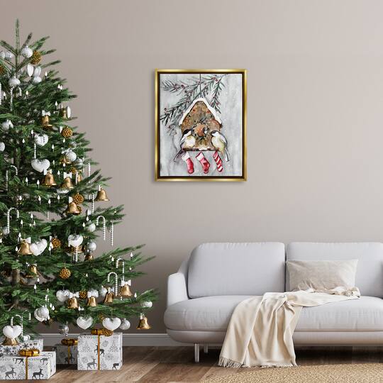 Stupell Industries Holiday Stockings Birdhouse Perched Gold Framed Floater Canvas Wall Art